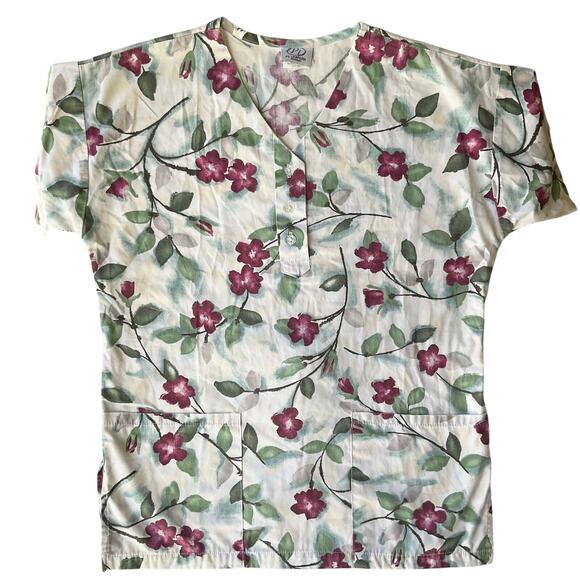 PL Uniform Women Short Sleeve Nurse Blouse size XS, Floral White Green Red - Picture 1 of 8